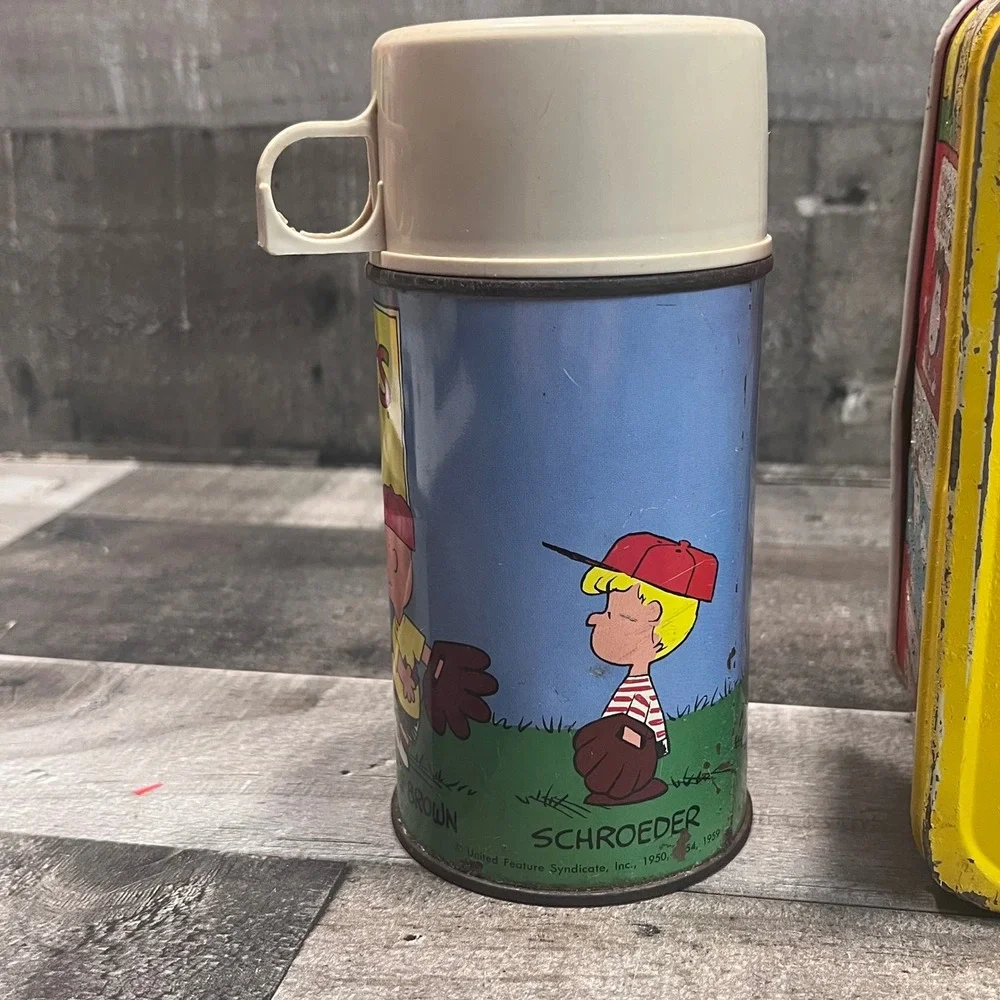 Vintage Peanuts Thermos Metal Lunch Box & Thermos Set Charlie Brown Snoopy 1970s